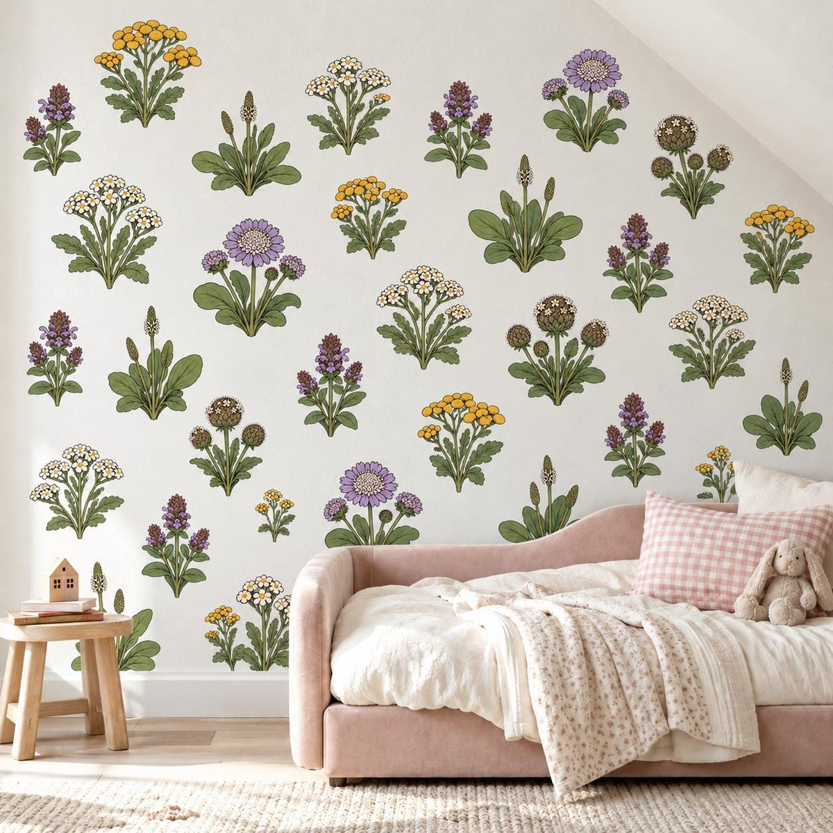 Wildflower Wall Stickers, Meadow Flower Nursery Decor, Yarrow Scabious Botanical Wall Decals, Kids Room Lilac Yellow Peel and Stick Wall Art