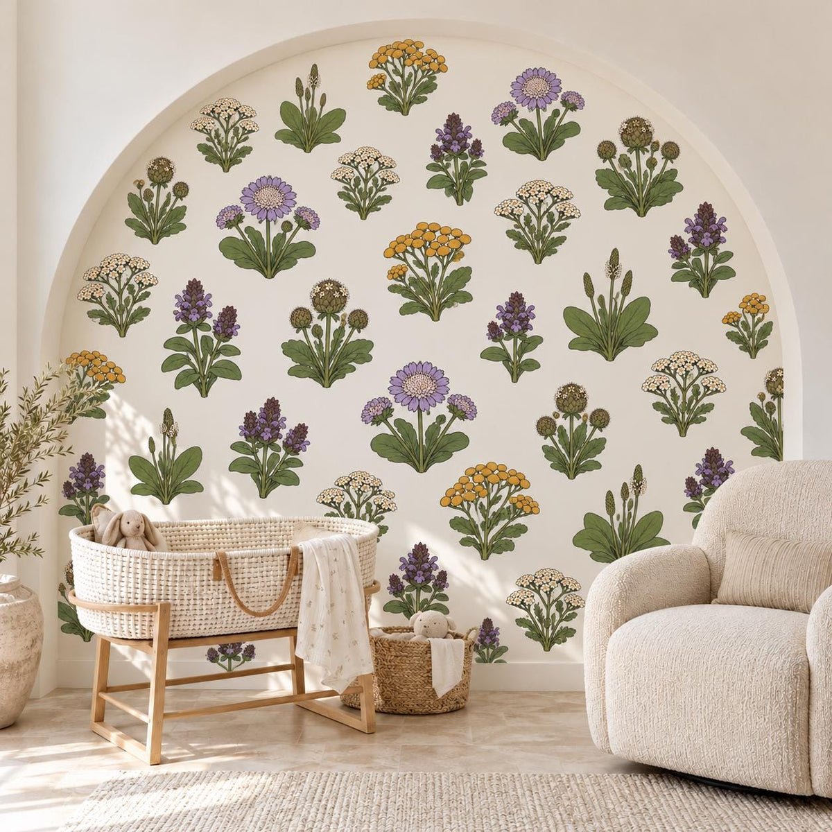 Wildflower Wall Stickers, Meadow Flower Nursery Decor, Yarrow Scabious Botanical Wall Decals, Kids Room Lilac Yellow Peel and Stick Wall Art