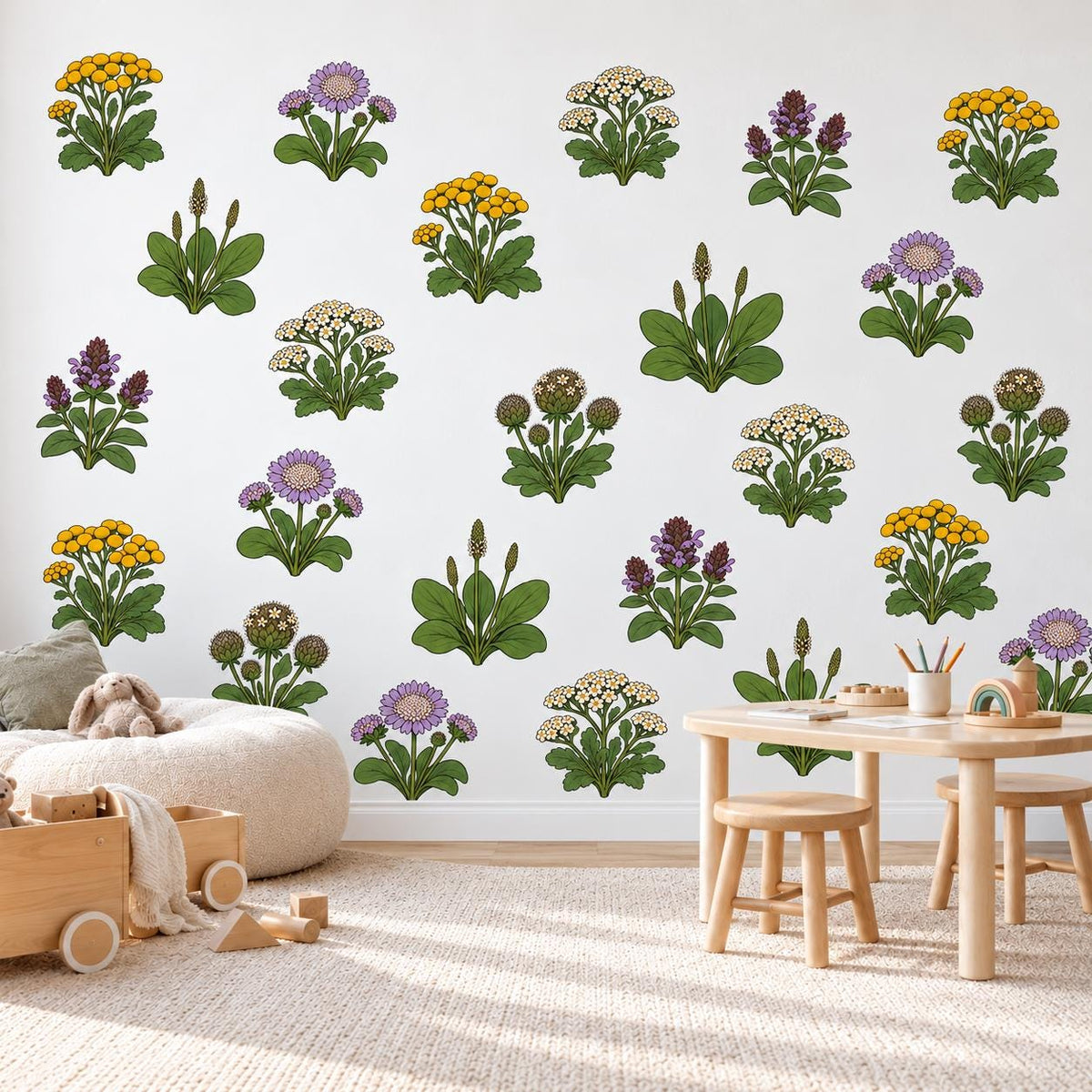 Wildflower Wall Stickers, Meadow Flower Nursery Decor, Yarrow Scabious Botanical Wall Decals, Kids Room Lilac Yellow Peel and Stick Wall Art
