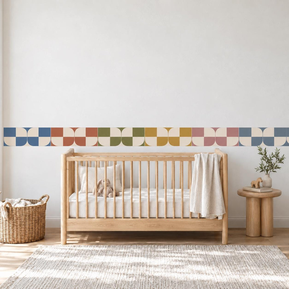 Checker Wall Border Stickers, Boho Nursery Decor, Geometric Checkerboard Wall Decals, Kids Room Terracotta Blue Peel and Stick Wall Art