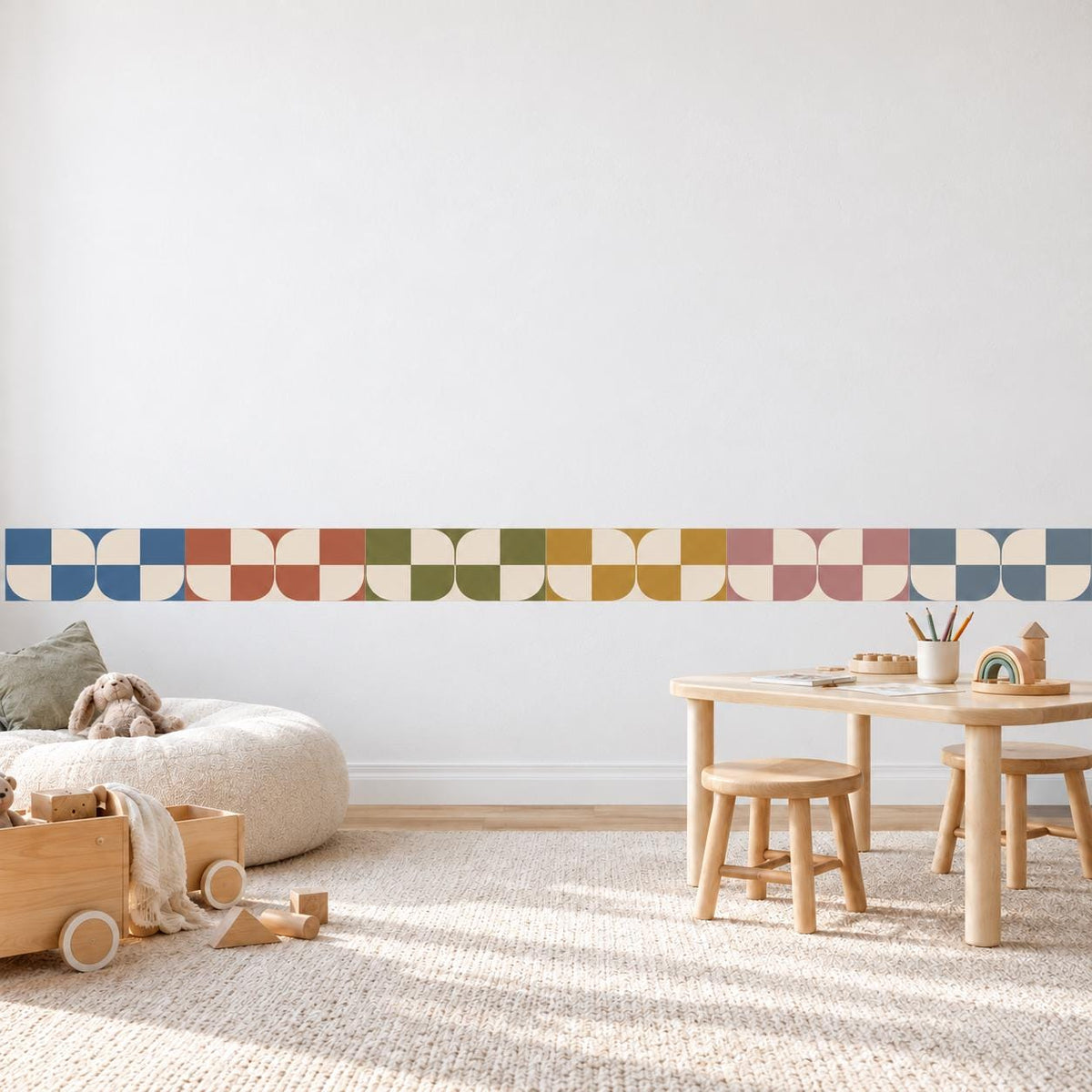 Checker Wall Border Stickers, Boho Nursery Decor, Geometric Checkerboard Wall Decals, Kids Room Terracotta Blue Peel and Stick Wall Art
