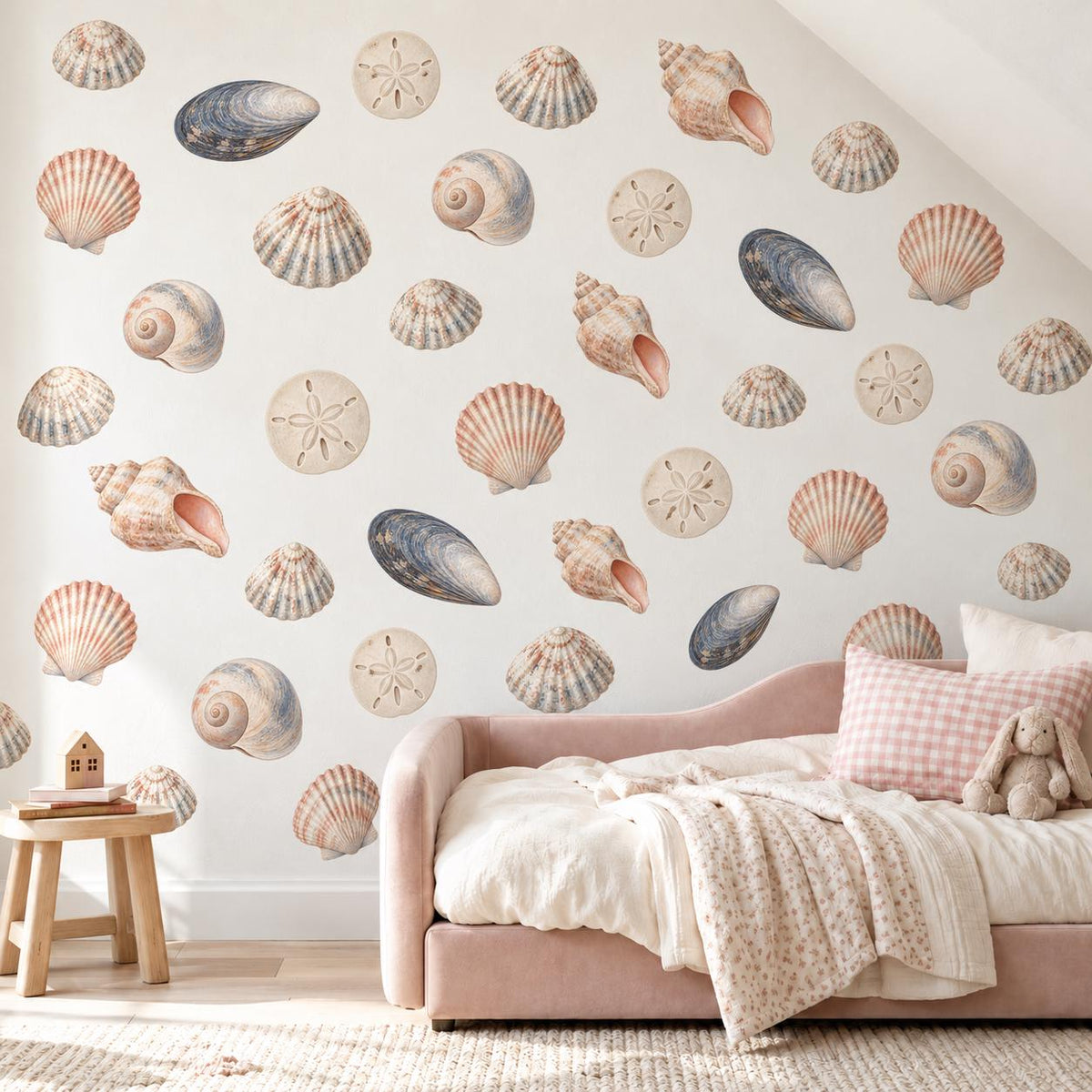 Seashell Wall Stickers, Beach Nursery Decor, Shell Sand Dollar Mussel Wall Decals, Kids Room Coastal Peach Blue Peel and Stick Wall Art