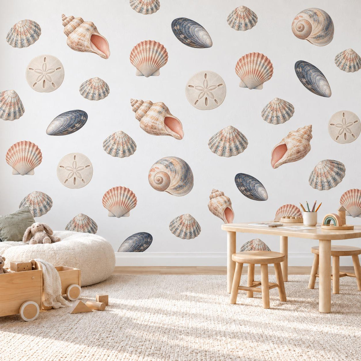 Seashell Wall Stickers, Beach Nursery Decor, Shell Sand Dollar Mussel Wall Decals, Kids Room Coastal Peach Blue Peel and Stick Wall Art