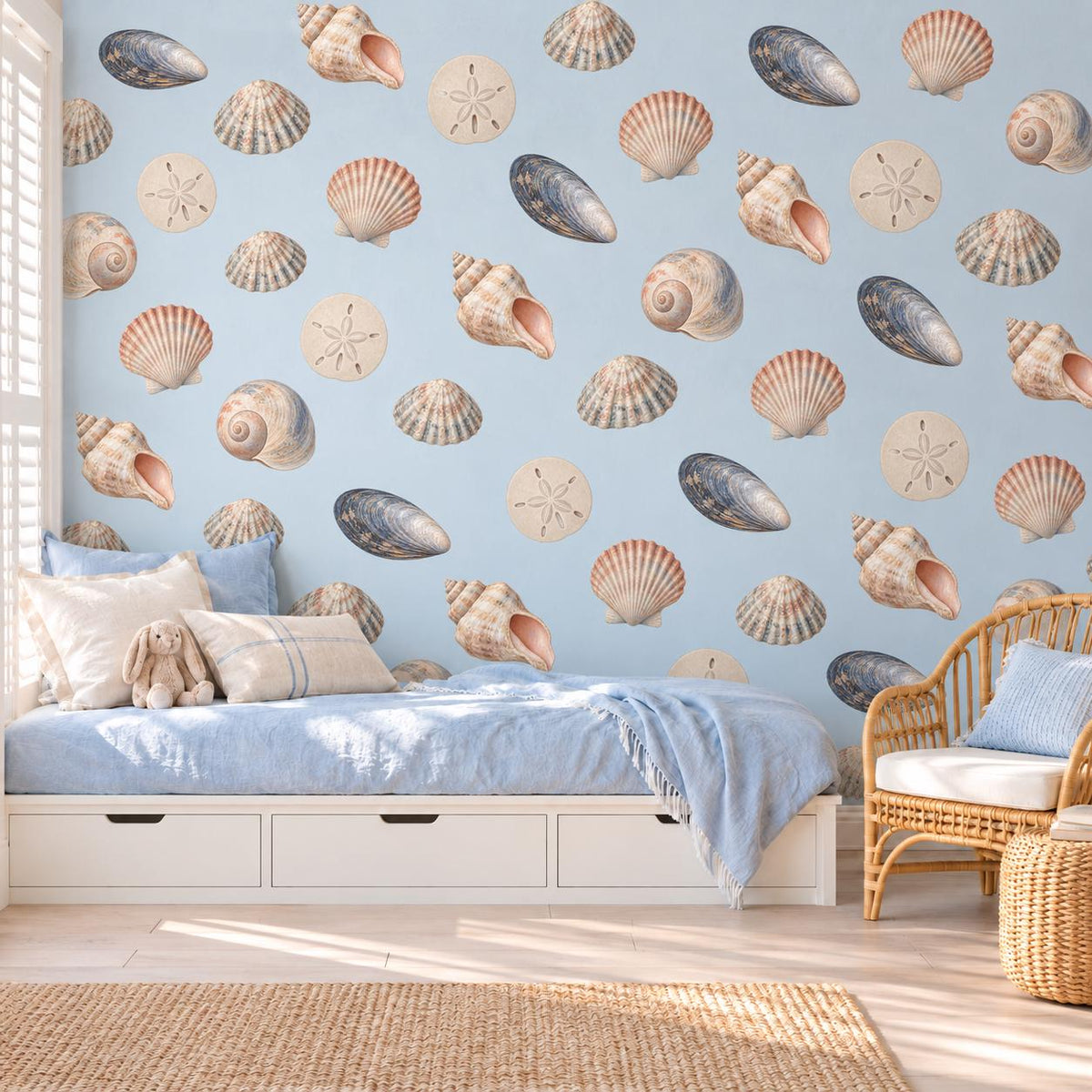 Seashell Wall Stickers, Beach Nursery Decor, Shell Sand Dollar Mussel Wall Decals, Kids Room Coastal Peach Blue Peel and Stick Wall Art