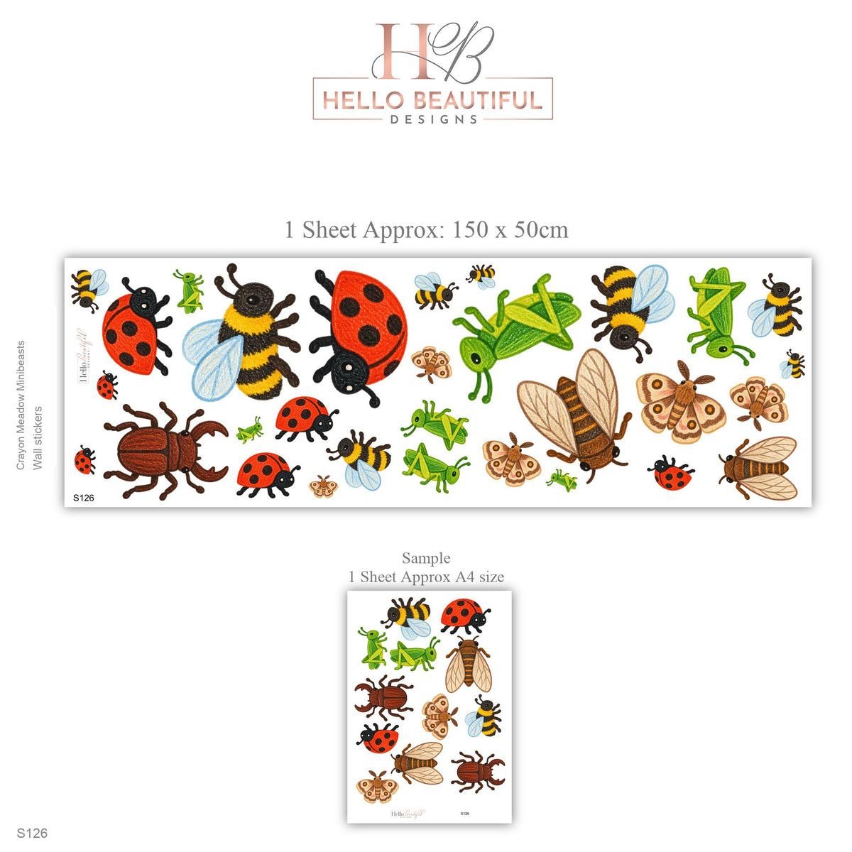 Bug Wall Stickers, Insect Nursery Decor, Ladybird Bee Grasshopper Beetle Wall Decals, Kids Room Crayon Minibeast Peel and Stick Wall Art