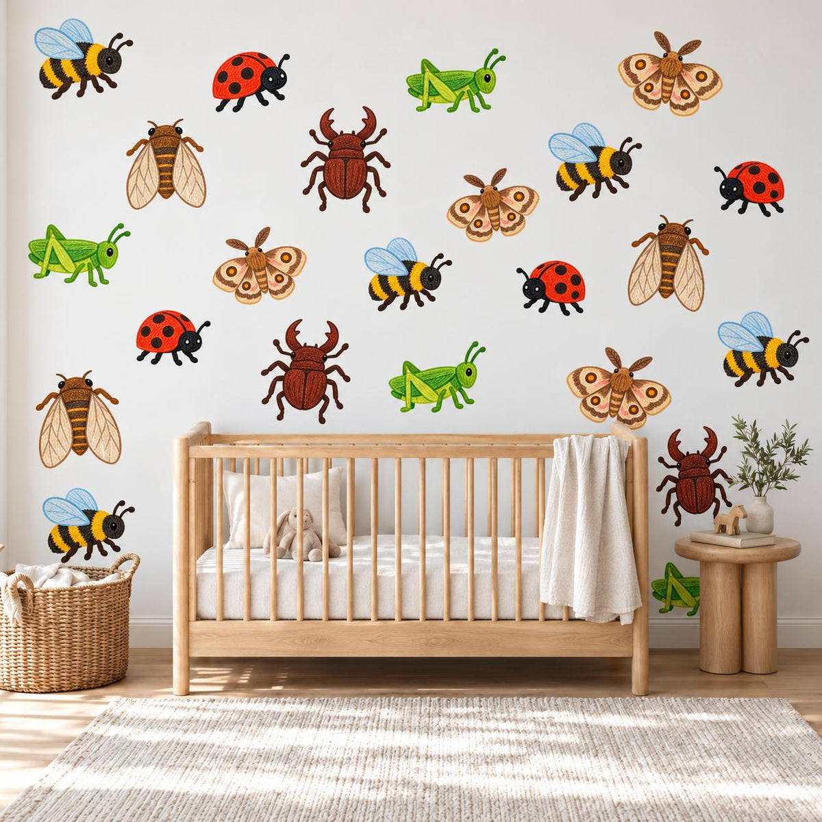 Bug Wall Stickers, Insect Nursery Decor, Ladybird Bee Grasshopper Beetle Wall Decals, Kids Room Crayon Minibeast Peel and Stick Wall Art
