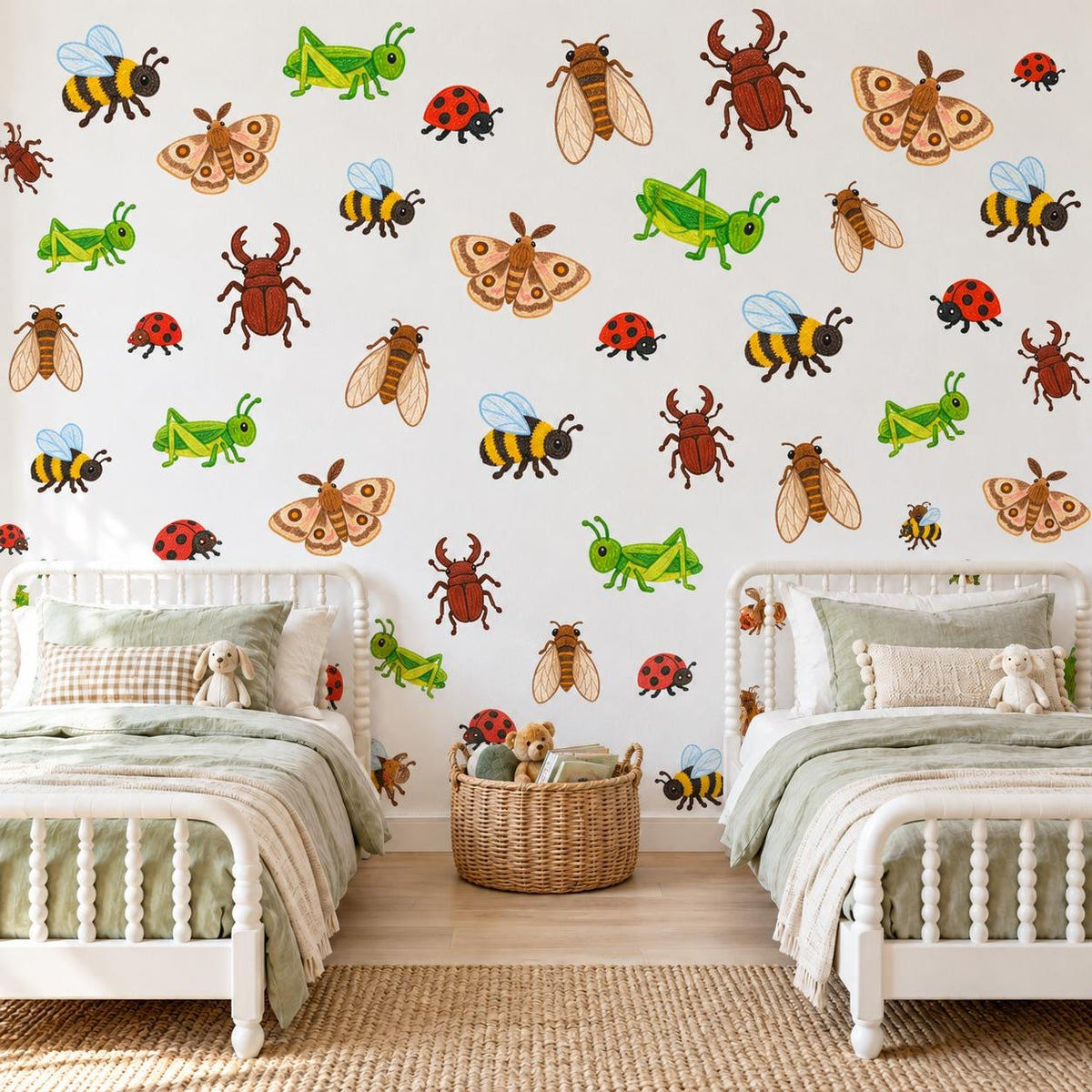 Bug Wall Stickers, Insect Nursery Decor, Ladybird Bee Grasshopper Beetle Wall Decals, Kids Room Crayon Minibeast Peel and Stick Wall Art