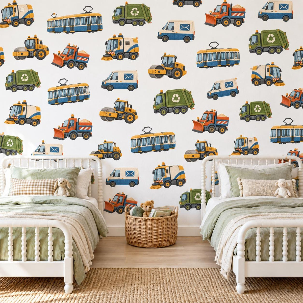 Vehicle Wall Stickers, Transport Nursery Decor, Bin Lorry Tram Post Van Wall Decals, Boys Kids Room Crayon City Peel and Stick Wall Art