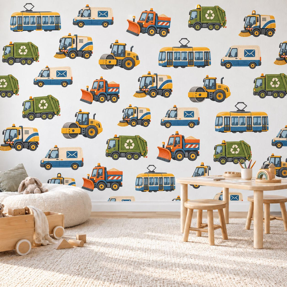 Vehicle Wall Stickers, Transport Nursery Decor, Bin Lorry Tram Post Van Wall Decals, Boys Kids Room Crayon City Peel and Stick Wall Art