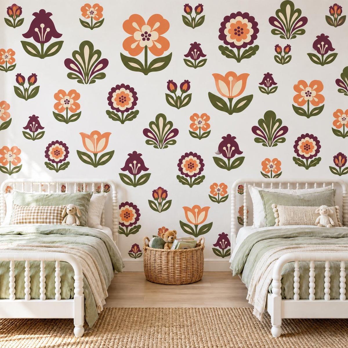 Folk Flower Wall Stickers, Scandi Floral Nursery Decor, Tulip Bellflower Wall Decals, Girls Kids Room Plum Orange Peel and Stick Wall Art