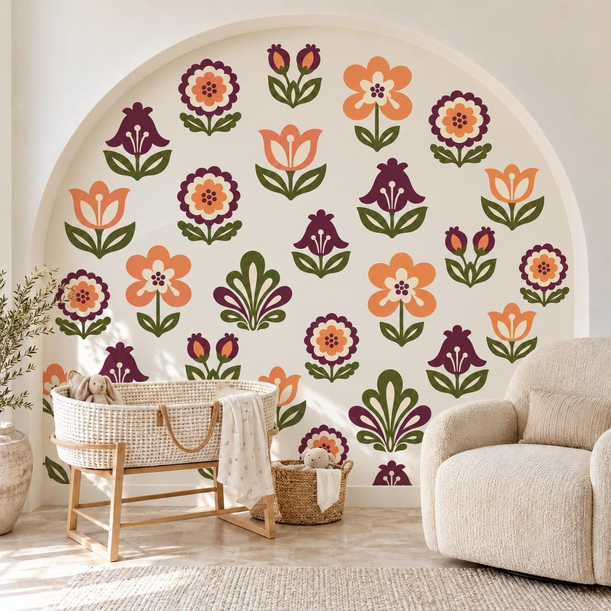 Folk Flower Wall Stickers, Scandi Floral Nursery Decor, Tulip Bellflower Wall Decals, Girls Kids Room Plum Orange Peel and Stick Wall Art