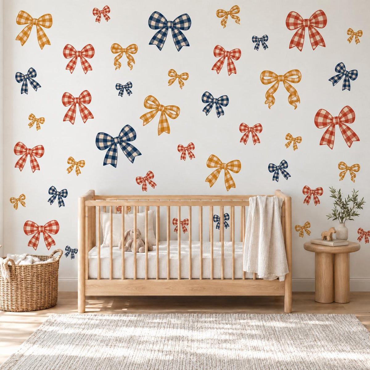 Bow Wall Stickers, Gingham Bow Nursery Decor, Navy Rust Mustard Bow Wall Decals, Kids Room Vintage Ribbon Peel and Stick Wall Art