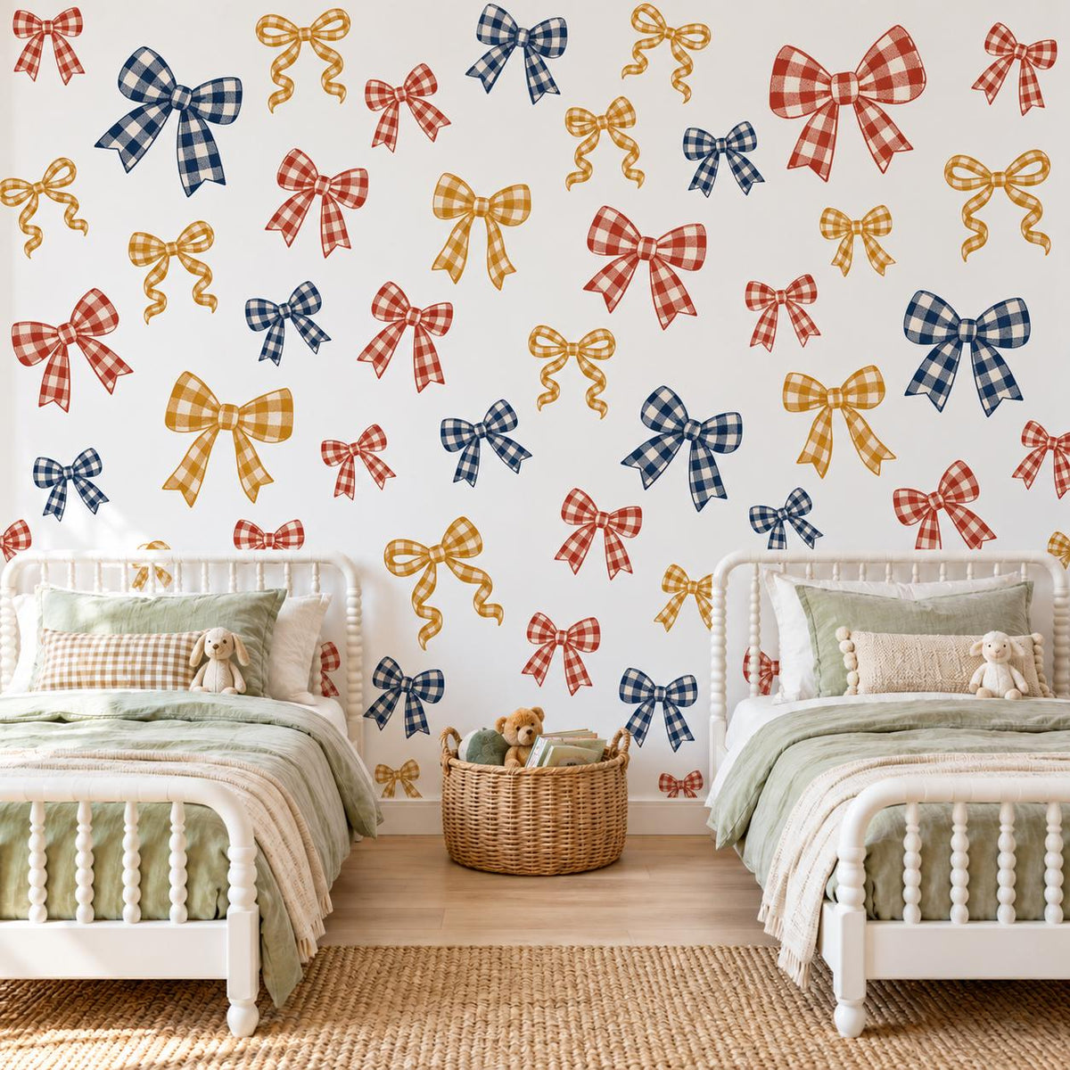 Bow Wall Stickers, Gingham Bow Nursery Decor, Navy Rust Mustard Bow Wall Decals, Kids Room Vintage Ribbon Peel and Stick Wall Art