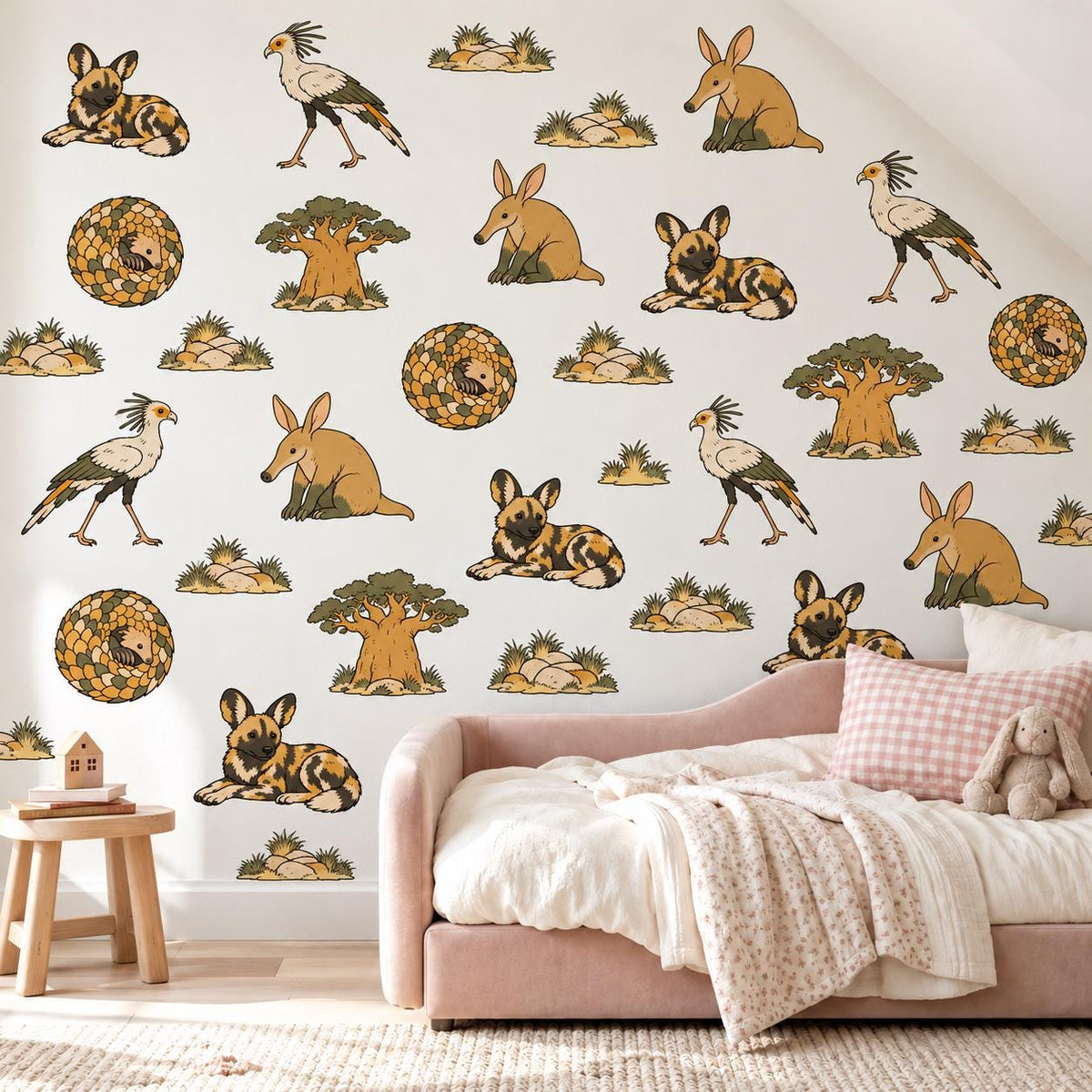 Safari Animal Wall Stickers, African Nursery Decor, Wild Dog Aardvark Pangolin Wall Decals, Kids Room Ochre Baobab Peel and Stick Wall Art