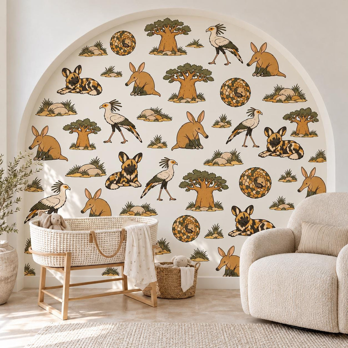 Safari Animal Wall Stickers, African Nursery Decor, Wild Dog Aardvark Pangolin Wall Decals, Kids Room Ochre Baobab Peel and Stick Wall Art