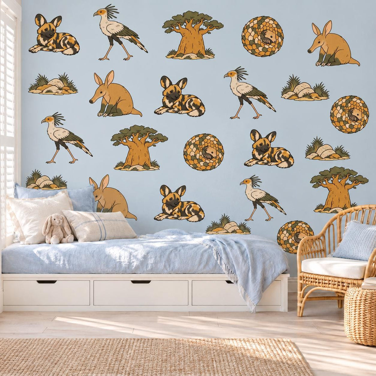 Safari Animal Wall Stickers, African Nursery Decor, Wild Dog Aardvark Pangolin Wall Decals, Kids Room Ochre Baobab Peel and Stick Wall Art