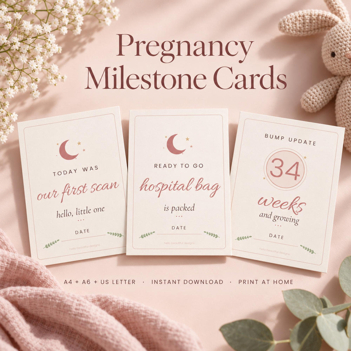 Pregnancy Milestone Cards Printable, Bump Week Cards, Pregnancy Announcement, Baby Bump Photo Prop, Blush Boho Pregnancy Journey Cards