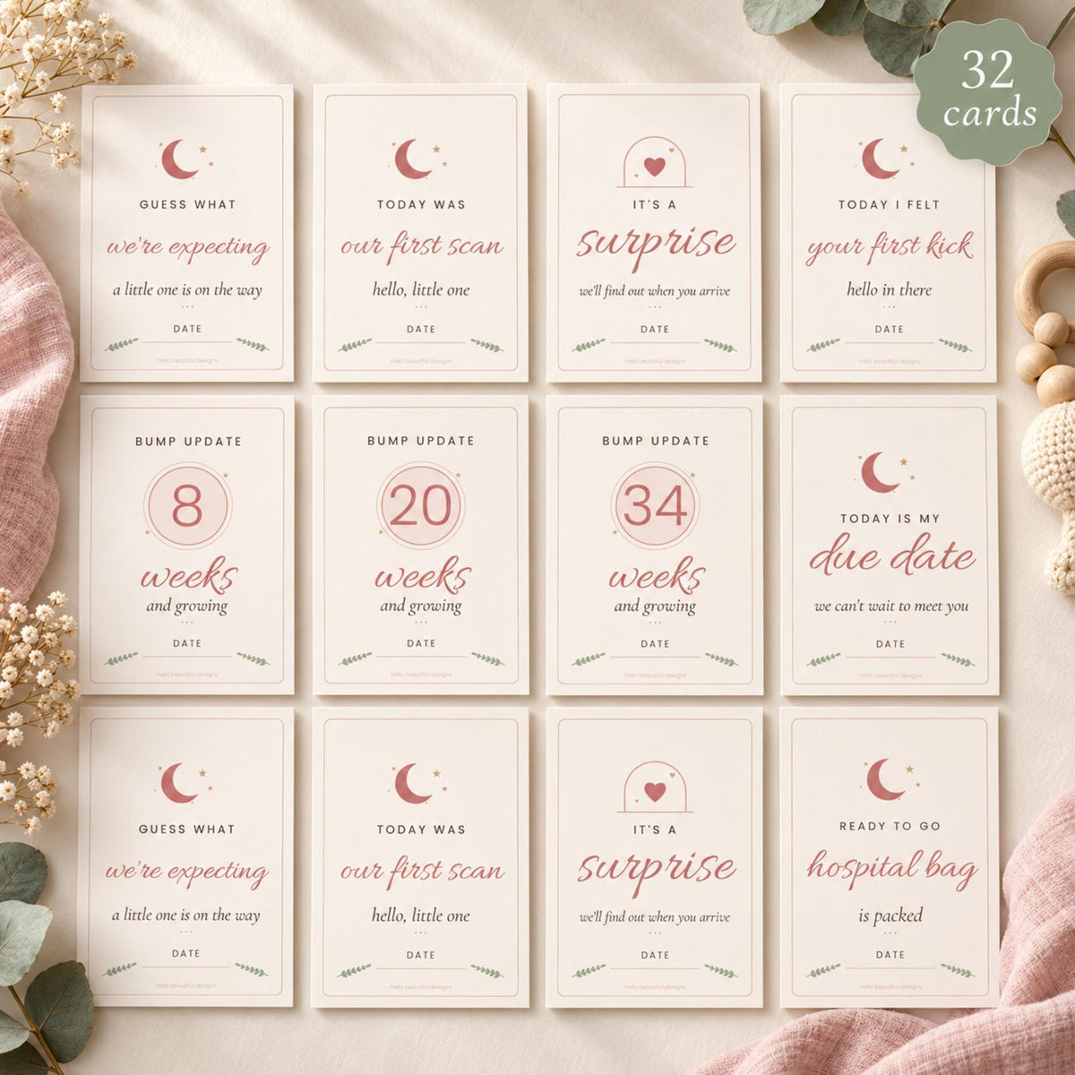 Pregnancy Milestone Cards Printable, Bump Week Cards, Pregnancy Announcement, Baby Bump Photo Prop, Blush Boho Pregnancy Journey Cards