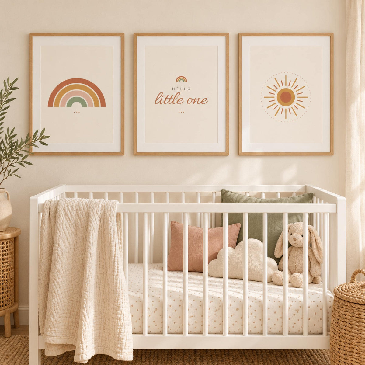 Boho Nursery Wall Art Set of 3, Rainbow Sun Hello Little One Prints, Terracotta Nursery Decor, Gender Neutral Printable Wall Art