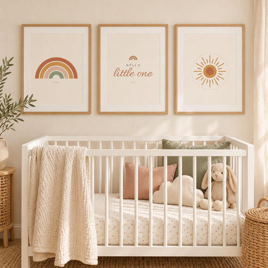 Boho Nursery Wall Art Set of 3, Rainbow Sun Hello Little One Prints, Terracotta Nursery Decor, Gender Neutral Printable Wall Art