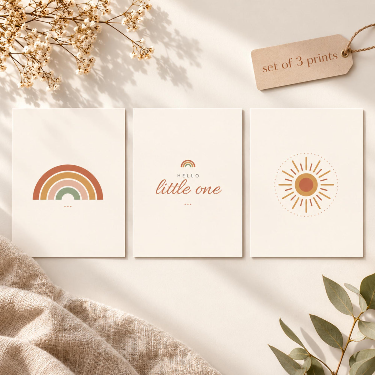 Boho Nursery Wall Art Set of 3, Rainbow Sun Hello Little One Prints, Terracotta Nursery Decor, Gender Neutral Printable Wall Art