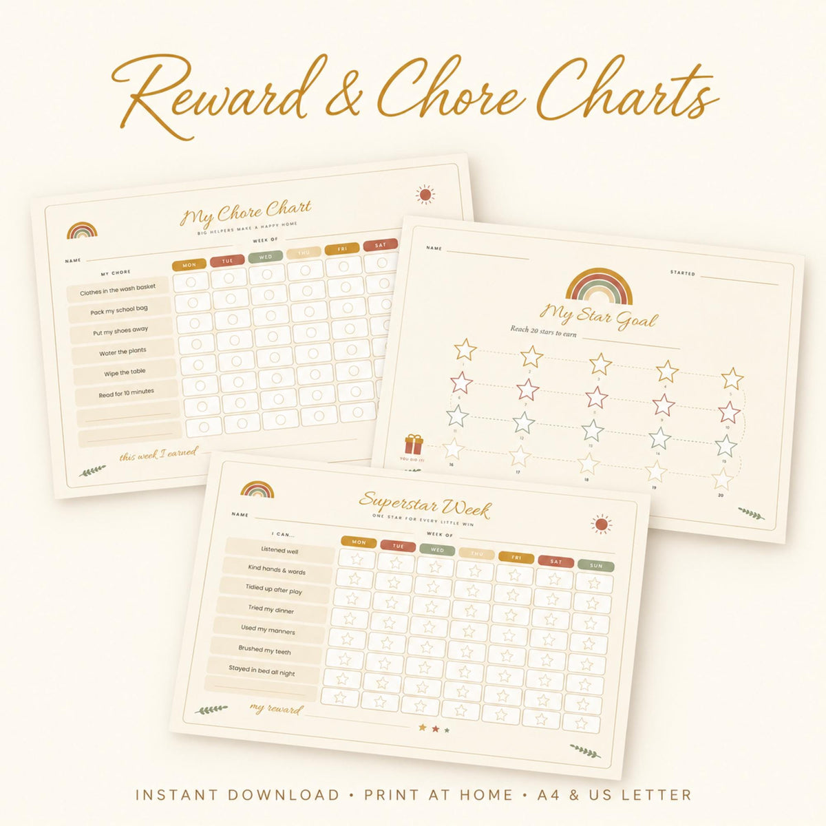 Kids Reward Chart Printable Bundle, Chore Chart for Kids, Sticker Star Chart, Reward Vouchers, Boho Toddler Behaviour Chart, A4 & US Letter