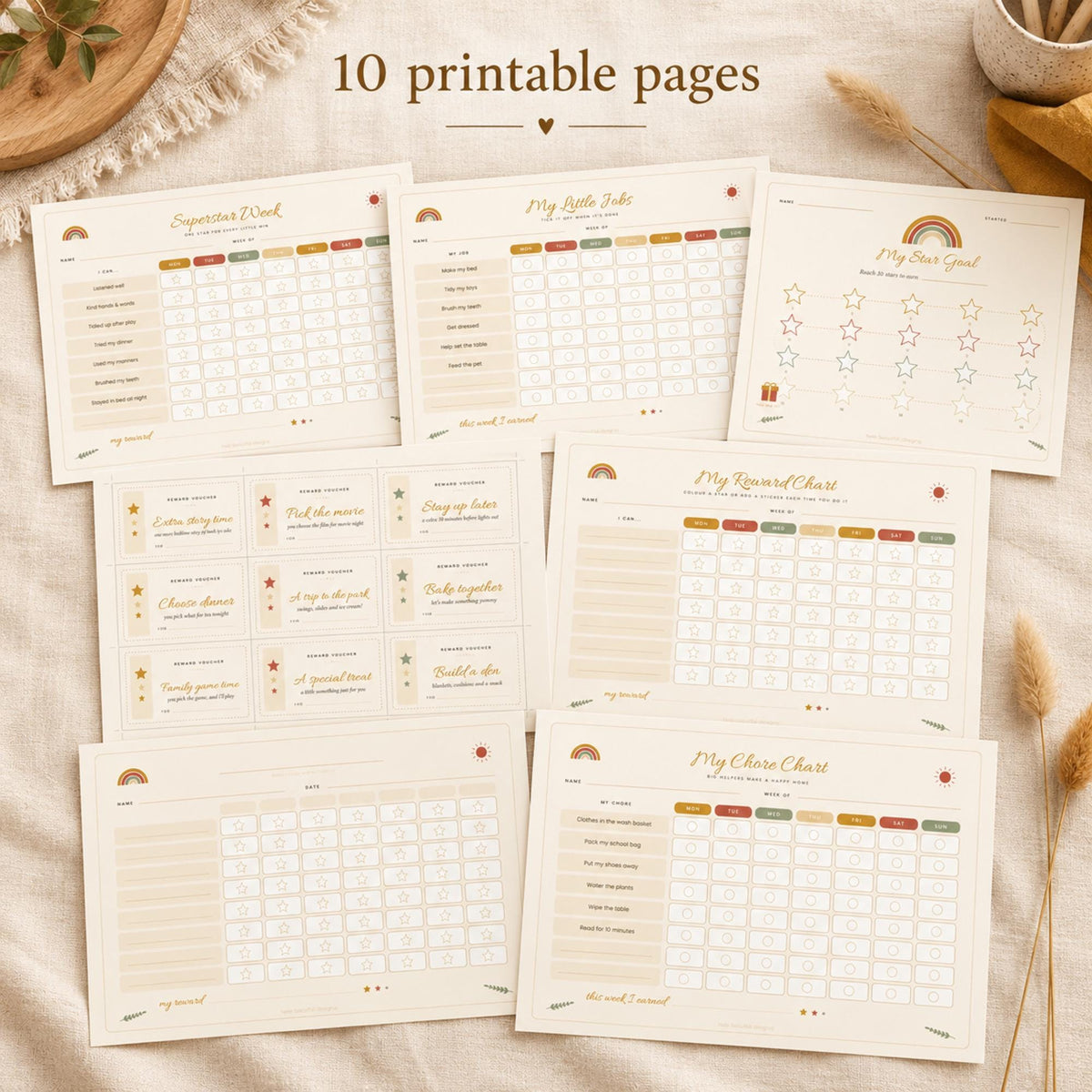 Kids Reward Chart Printable Bundle, Chore Chart for Kids, Sticker Star Chart, Reward Vouchers, Boho Toddler Behaviour Chart, A4 & US Letter