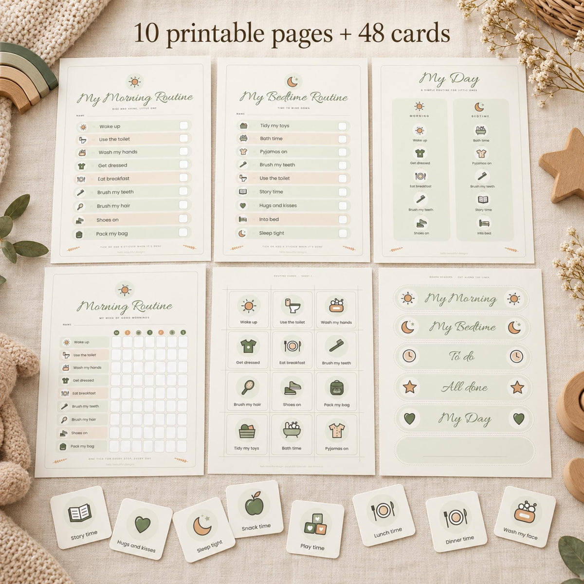 Morning and Bedtime Routine Chart Printable, Toddler Visual Schedule Cards, Boho Kids Routine, Velcro Board Cards, A4 & US Letter