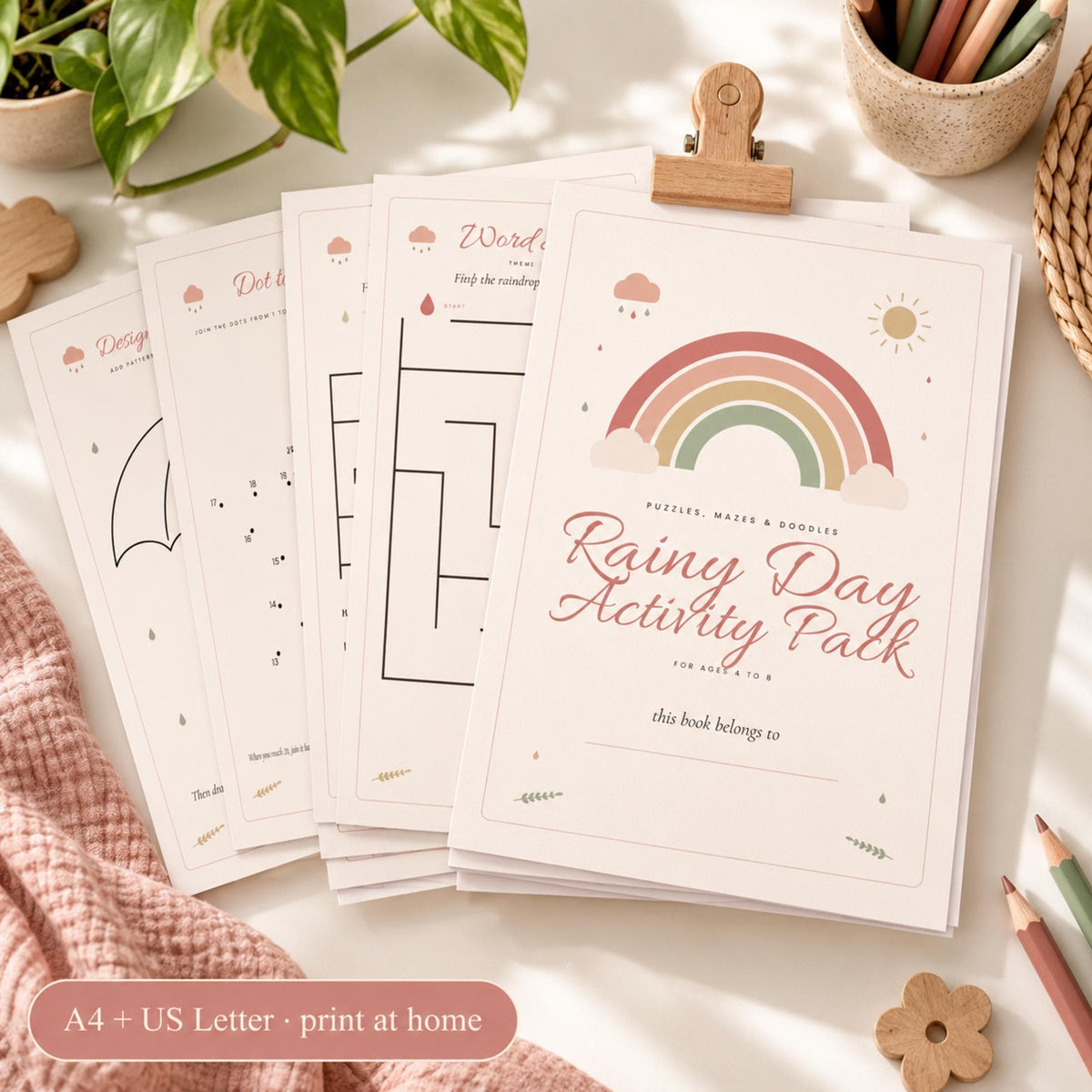 Rainy Day Activity Pack for Kids, Printable Mazes, Word Search, Dot to Dot, Kids Activity Book, Ages 4 to 8, Boho, A4 & US Letter