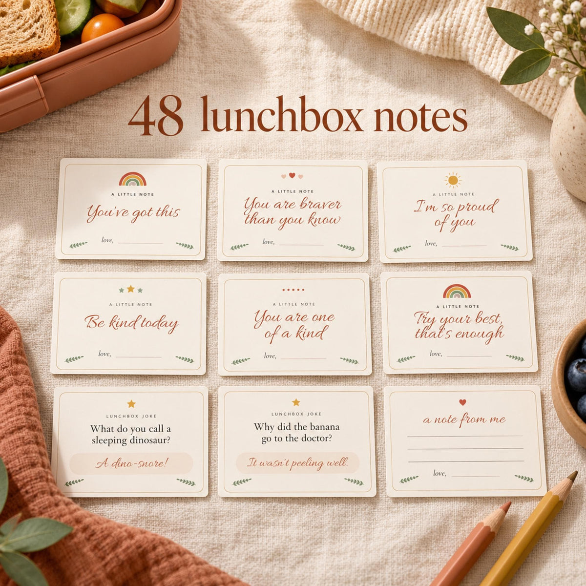 Lunchbox Notes for Kids Printable, 48 Lunch Box Notes, Kids Jokes, Encouragement Cards, Back to School Notes, Boho, A4 & US Letter