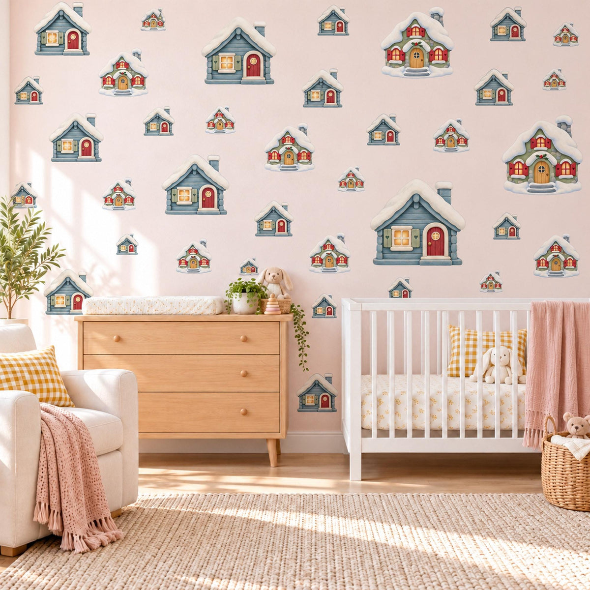 Winter Cabin Wall Stickers, Snowy Cottage Nursery Decor, Christmas House Wall Decals, Blue Red Sage Kids Room Peel and Stick Wall Art