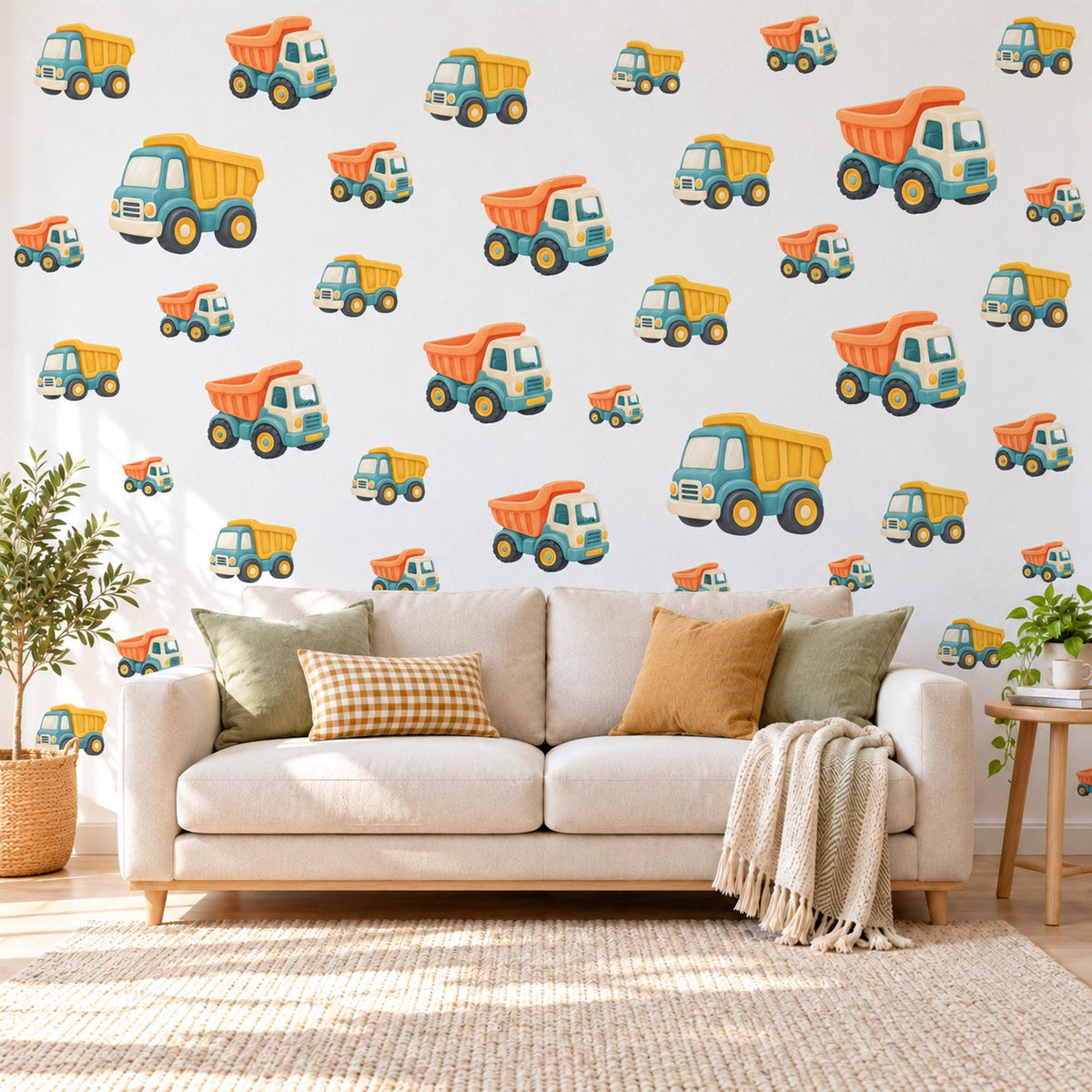 Dumper Truck Wall Stickers, Construction Nursery Decor, Toy Digger Truck Wall Decals, Apricot Teal Mustard Boys Room Peel and Stick Art