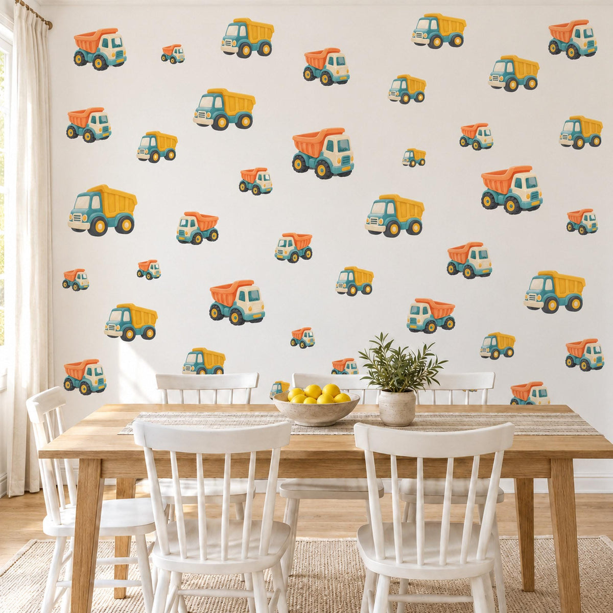 Dumper Truck Wall Stickers, Construction Nursery Decor, Toy Digger Truck Wall Decals, Apricot Teal Mustard Boys Room Peel and Stick Art