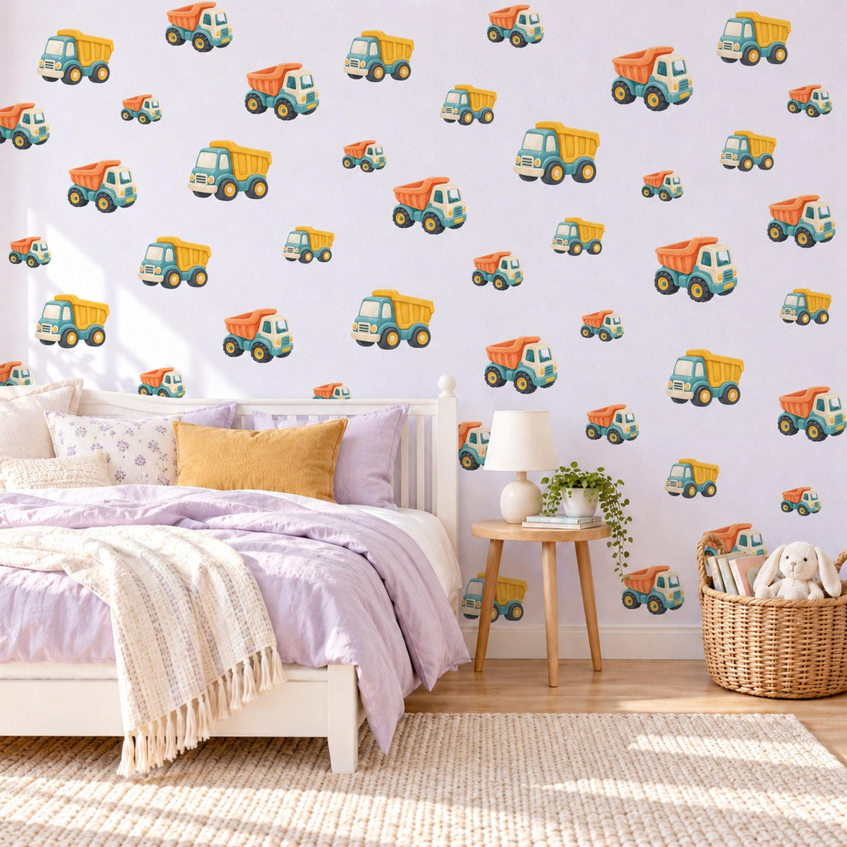 Dumper Truck Wall Stickers, Construction Nursery Decor, Toy Digger Truck Wall Decals, Apricot Teal Mustard Boys Room Peel and Stick Art