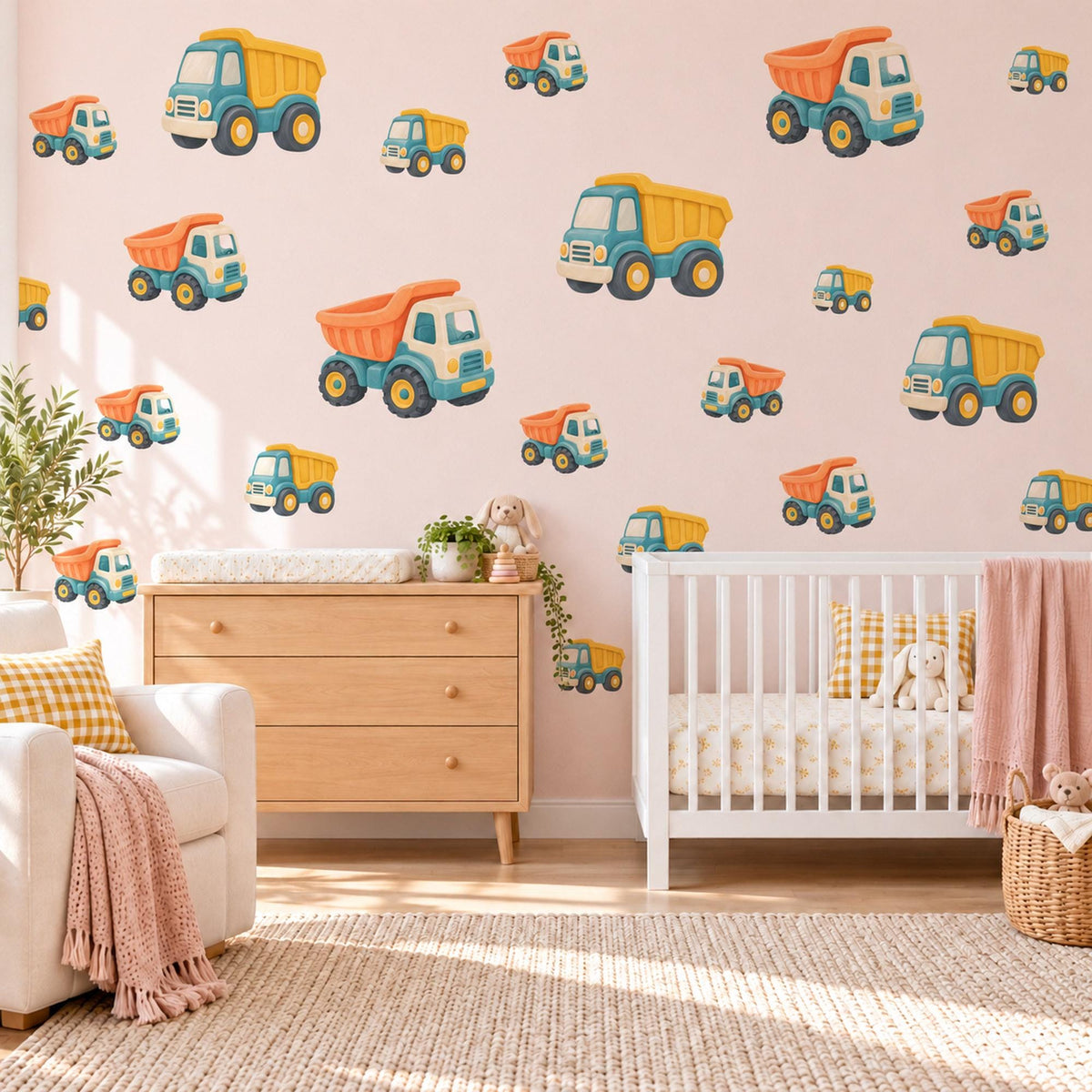 Dumper Truck Wall Stickers, Construction Nursery Decor, Toy Digger Truck Wall Decals, Apricot Teal Mustard Boys Room Peel and Stick Art