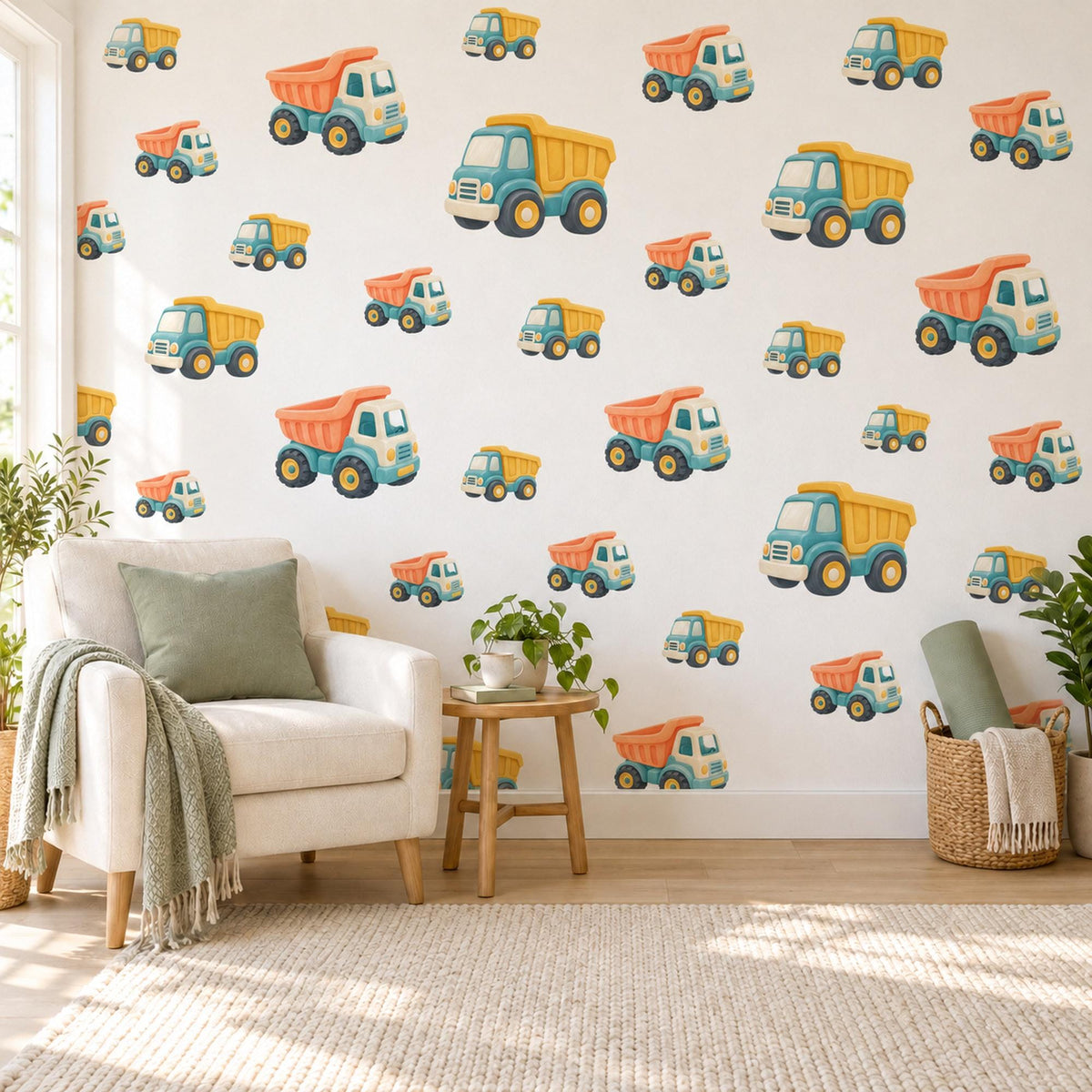 Dumper Truck Wall Stickers, Construction Nursery Decor, Toy Digger Truck Wall Decals, Apricot Teal Mustard Boys Room Peel and Stick Art