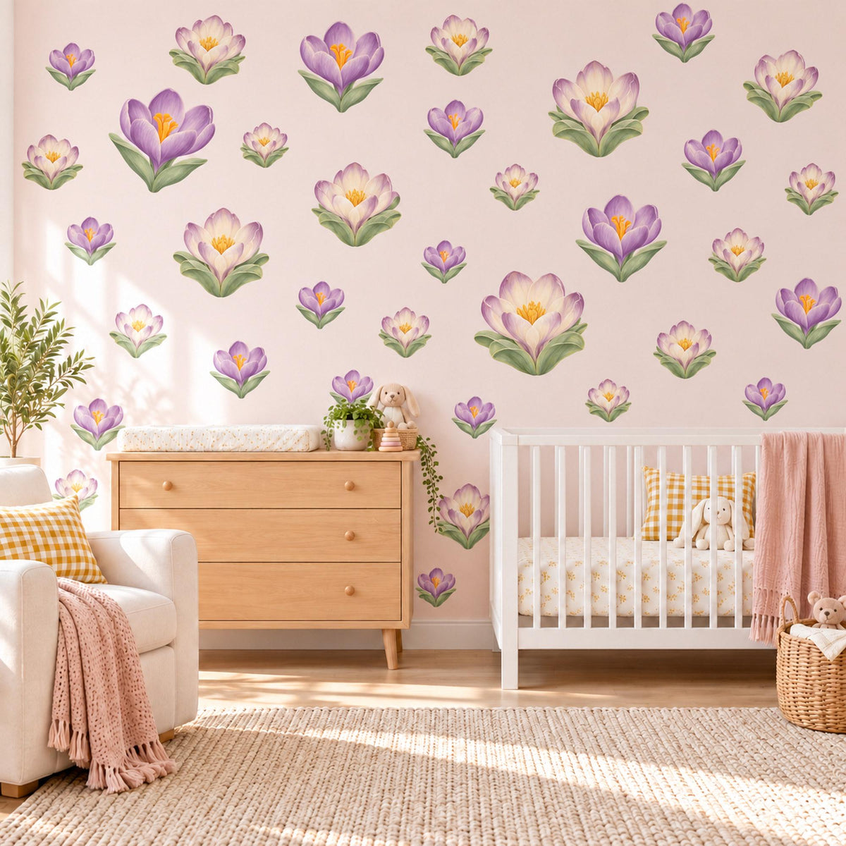 Crocus Wall Stickers, Spring Flower Nursery Decor, Mauve Floral Wall Decals, Saffron Sage Cottage Girls Room Peel and Stick Wall Art