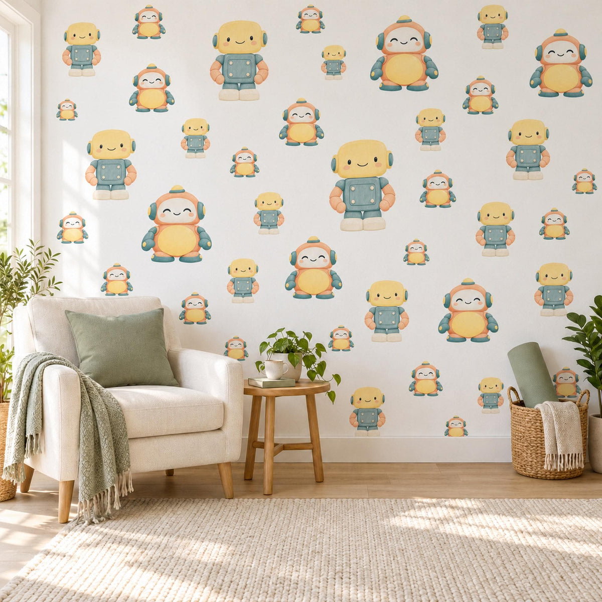 Robot Wall Stickers, Wooden Toy Robot Nursery Decor, Friendly Robot Wall Decals, Yellow Teal Peach Kids Room Peel and Stick Wall Art