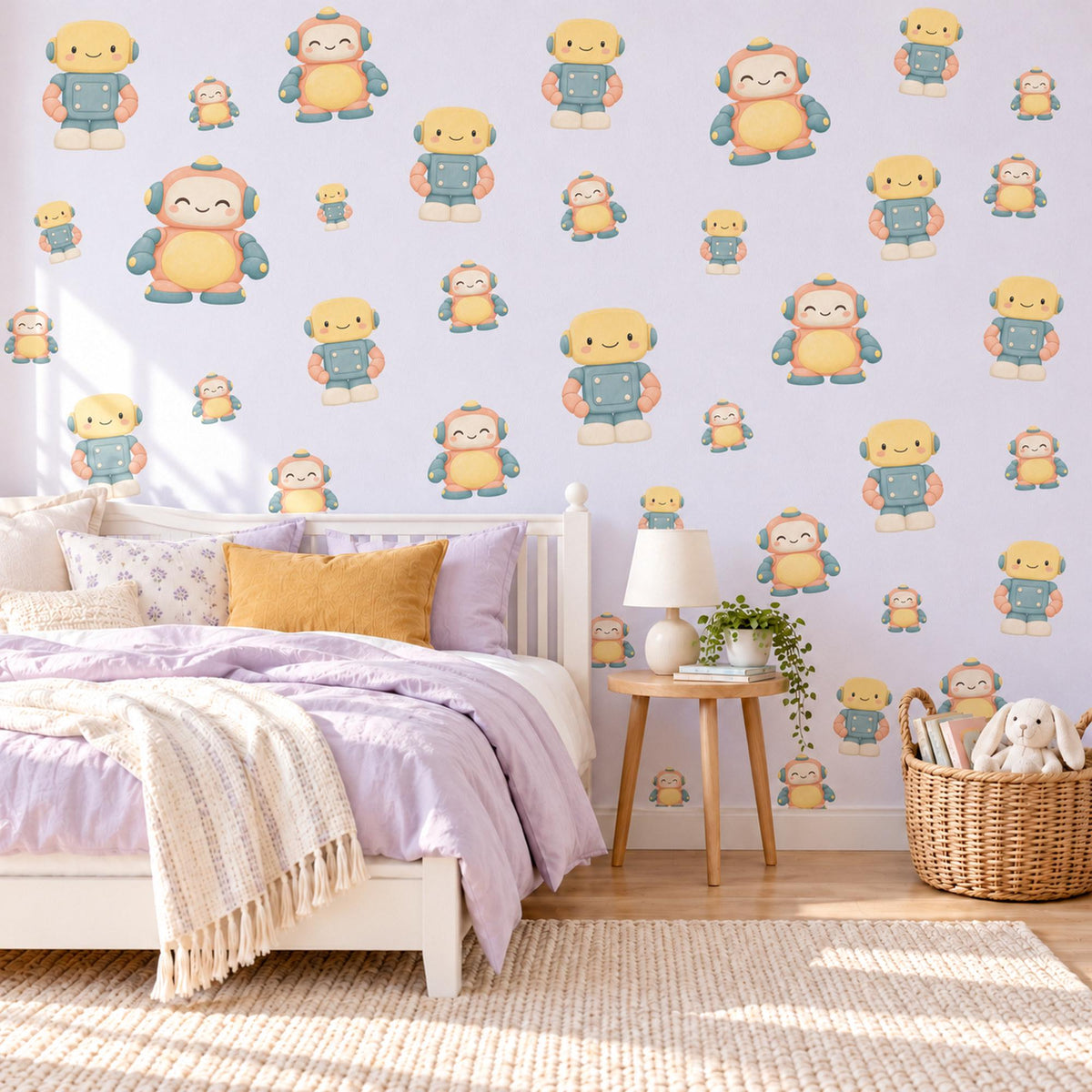Robot Wall Stickers, Wooden Toy Robot Nursery Decor, Friendly Robot Wall Decals, Yellow Teal Peach Kids Room Peel and Stick Wall Art