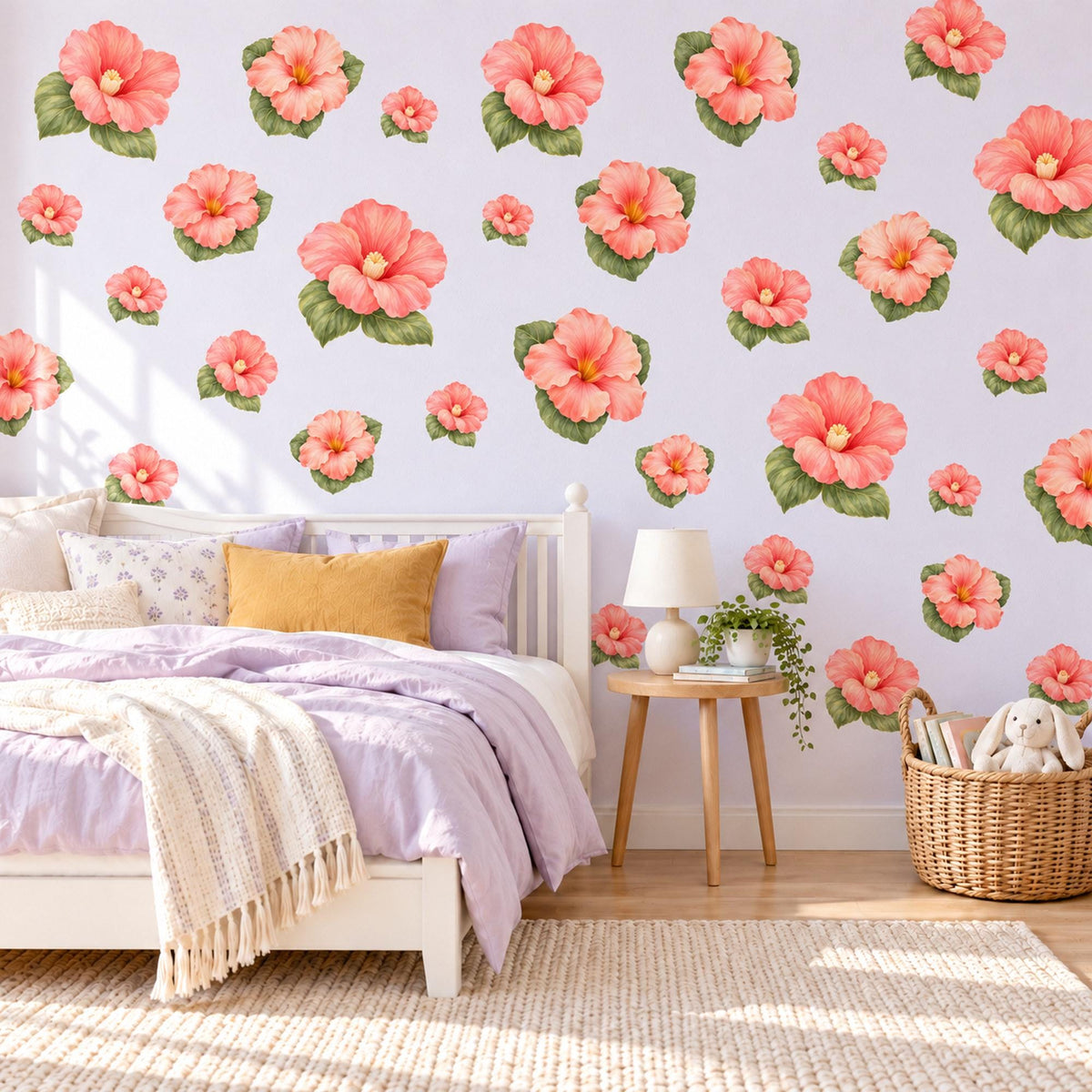 Hibiscus Wall Stickers, Tropical Flower Nursery Decor, Coral Pink Floral Wall Decals, Peach Olive Girls Room Peel and Stick Wall Art