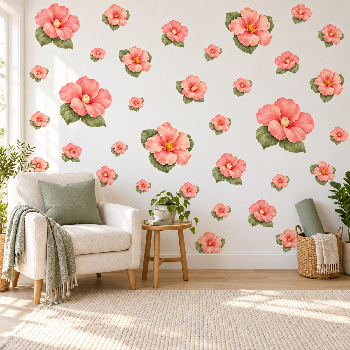 Hibiscus Wall Stickers, Tropical Flower Nursery Decor, Coral Pink Floral Wall Decals, Peach Olive Girls Room Peel and Stick Wall Art