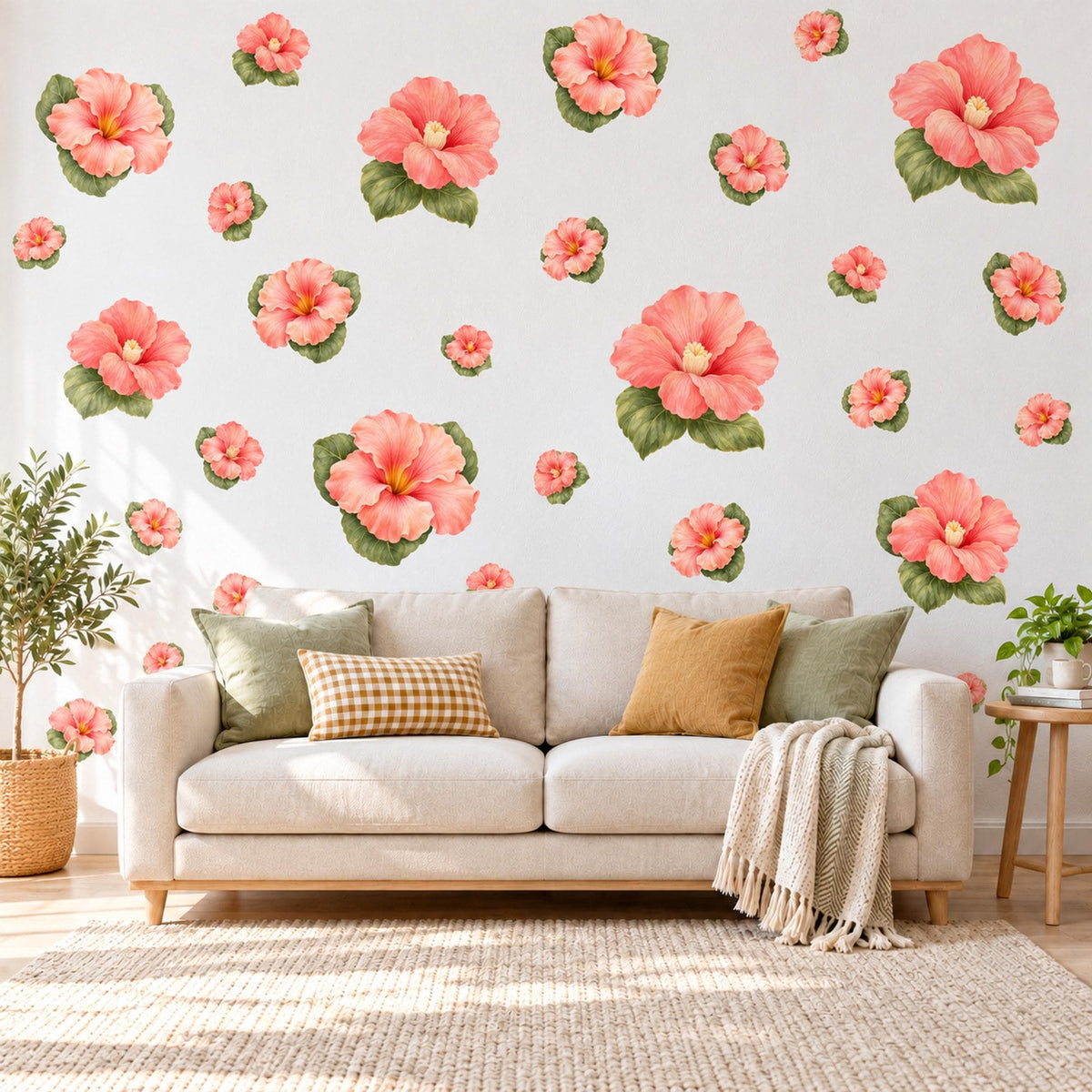 Hibiscus Wall Stickers, Tropical Flower Nursery Decor, Coral Pink Floral Wall Decals, Peach Olive Girls Room Peel and Stick Wall Art
