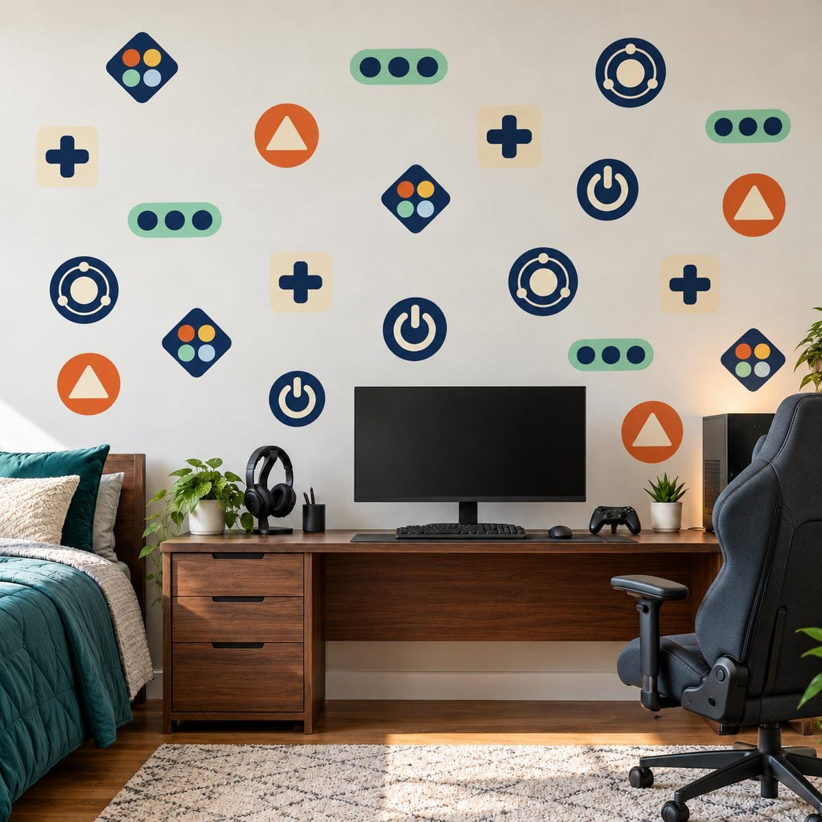 Gamer Wall Stickers, Gaming Room Decor, Controller Button Wall Decals, Boys Kids Bedroom Navy Orange Teal Peel and Stick Wall Art