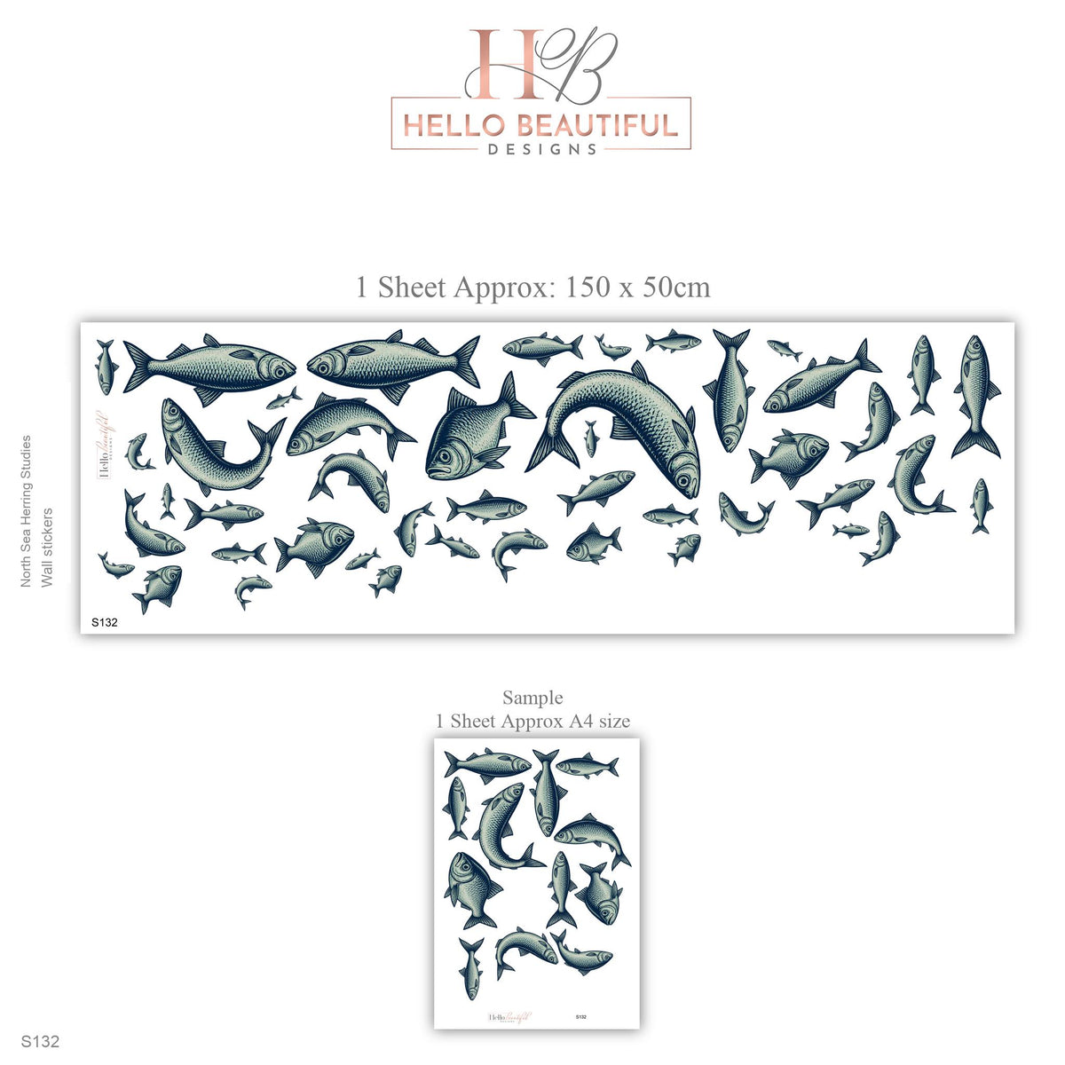 Fish Wall Stickers, Vintage Herring Nursery Decor, Navy Fish Wall Decals, Nautical Kids Room Coastal Bathroom Peel and Stick Wall Art