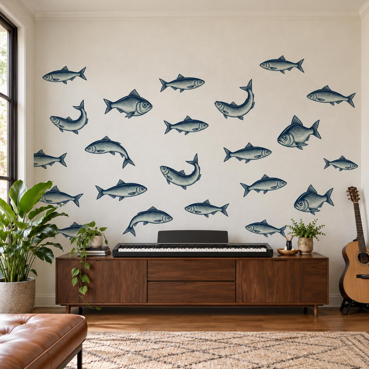 Fish Wall Stickers, Vintage Herring Nursery Decor, Navy Fish Wall Decals, Nautical Kids Room Coastal Bathroom Peel and Stick Wall Art