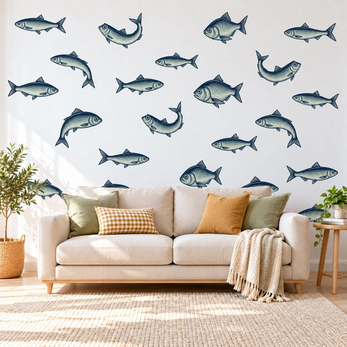 Fish Wall Stickers, Vintage Herring Nursery Decor, Navy Fish Wall Decals, Nautical Kids Room Coastal Bathroom Peel and Stick Wall Art