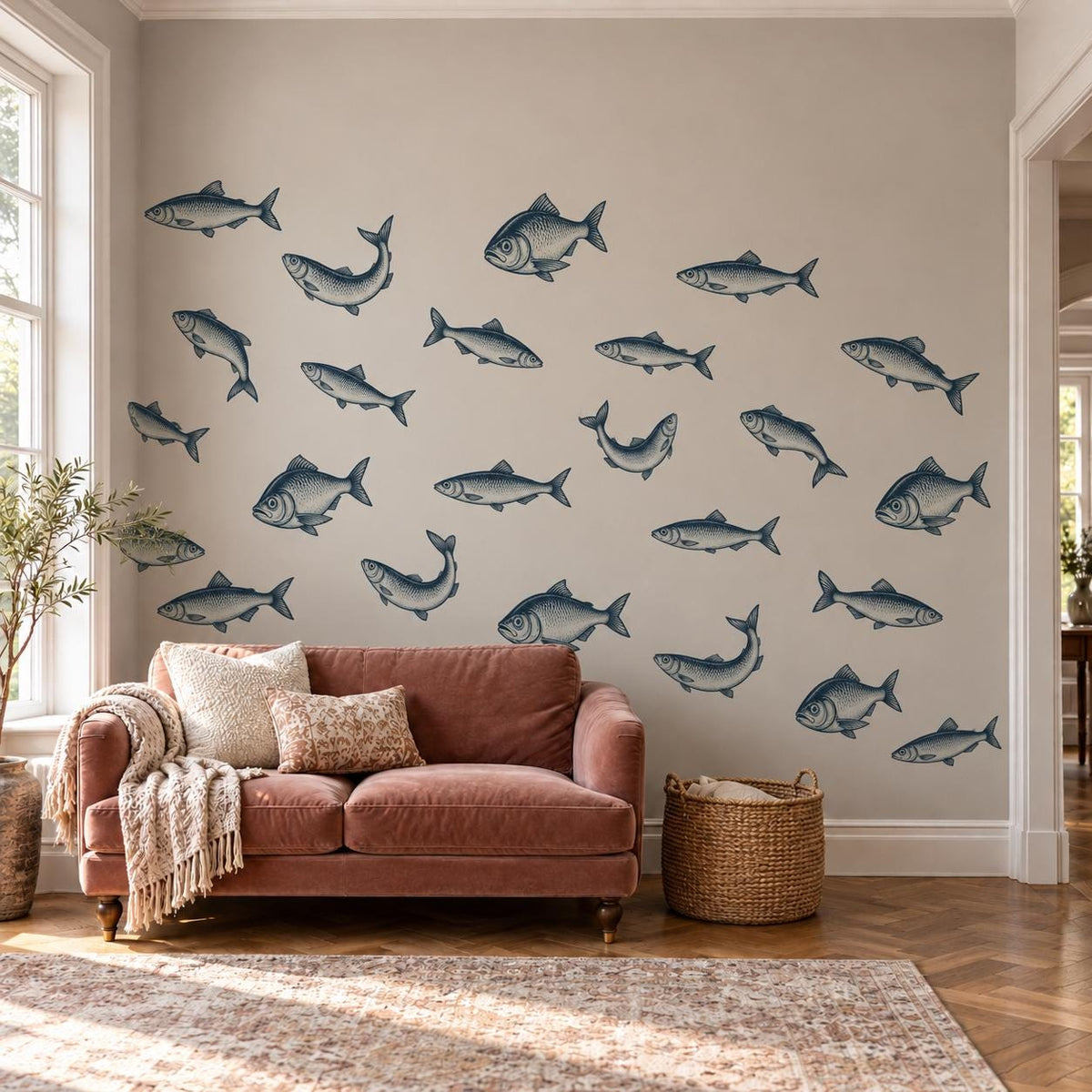 Fish Wall Stickers, Vintage Herring Nursery Decor, Navy Fish Wall Decals, Nautical Kids Room Coastal Bathroom Peel and Stick Wall Art
