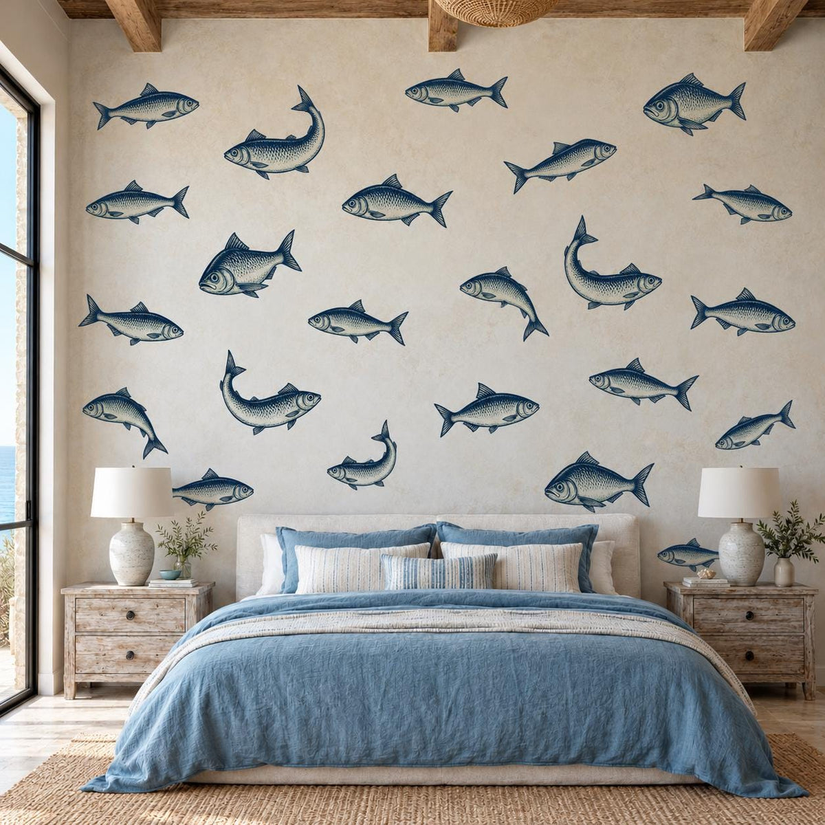 Fish Wall Stickers, Vintage Herring Nursery Decor, Navy Fish Wall Decals, Nautical Kids Room Coastal Bathroom Peel and Stick Wall Art