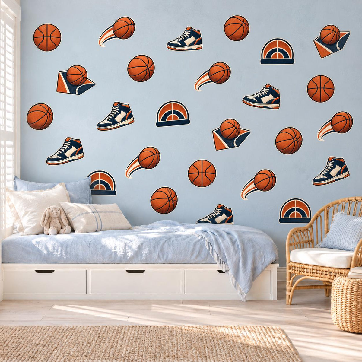 Basketball Wall Stickers, Sports Bedroom Decor, Basketball Sneaker Wall Decals, Boys Kids Room Orange Navy Peel and Stick Wall Art