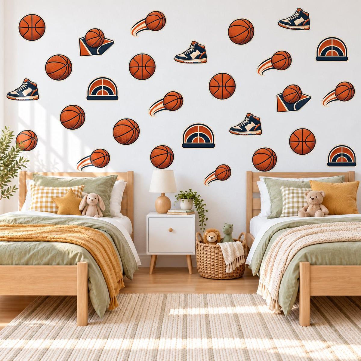 Basketball Wall Stickers, Sports Bedroom Decor, Basketball Sneaker Wall Decals, Boys Kids Room Orange Navy Peel and Stick Wall Art